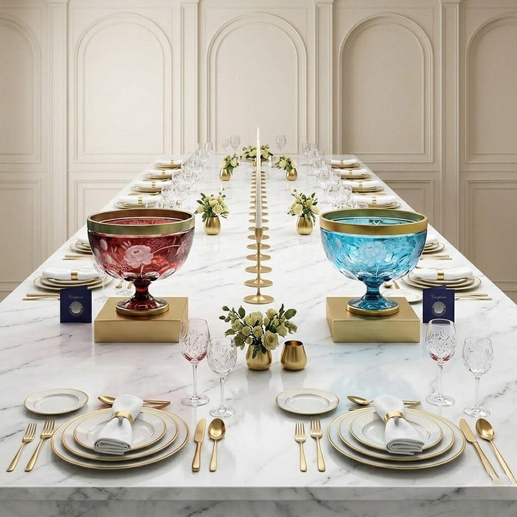 Mẫu đĩa pha lê màu Arnstadt sang trọng đựng hoa quả trên bàn tiệc