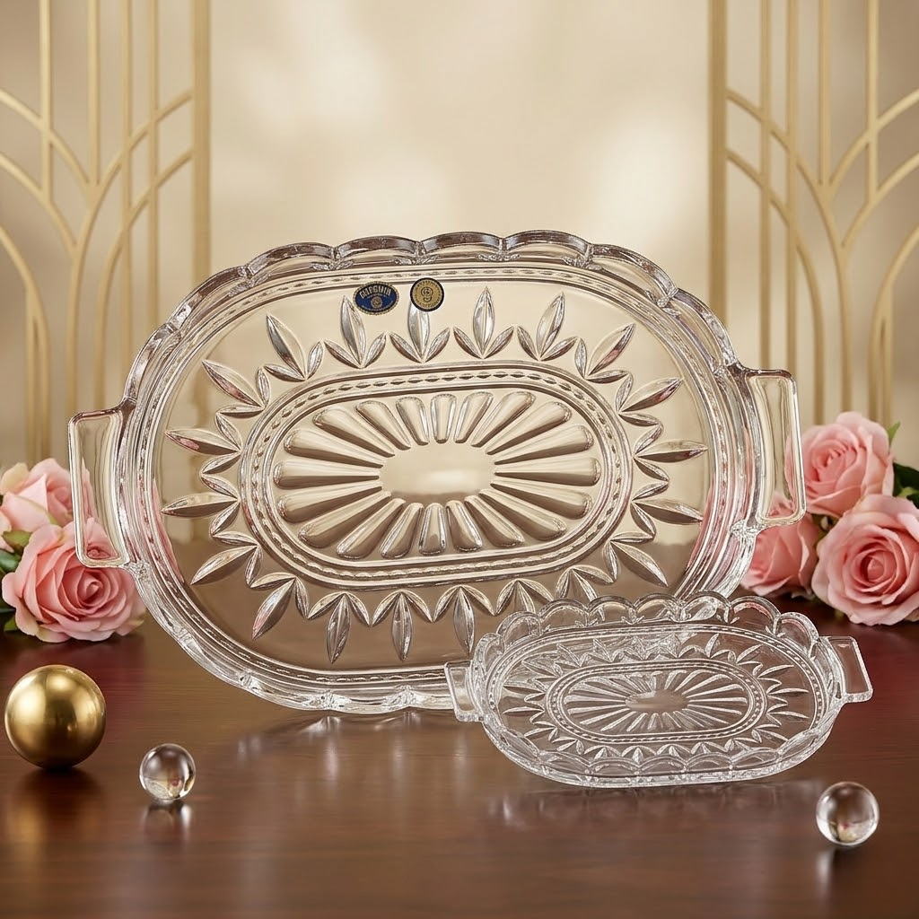 Mẫu đĩa pha lê màu Arnstadt sang trọng đựng hoa quả trên bàn tiệc