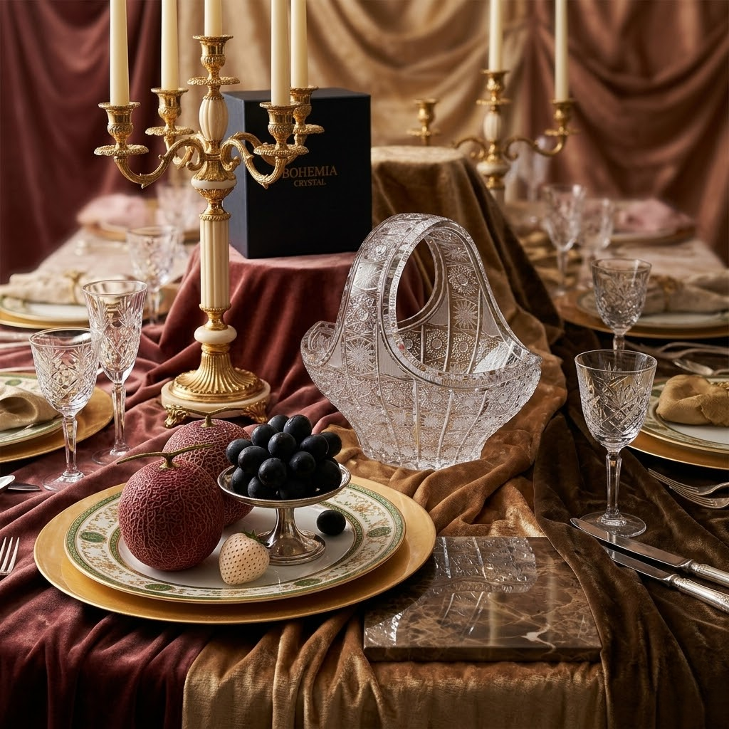 Mẫu đĩa pha lê màu Arnstadt sang trọng đựng hoa quả trên bàn tiệc