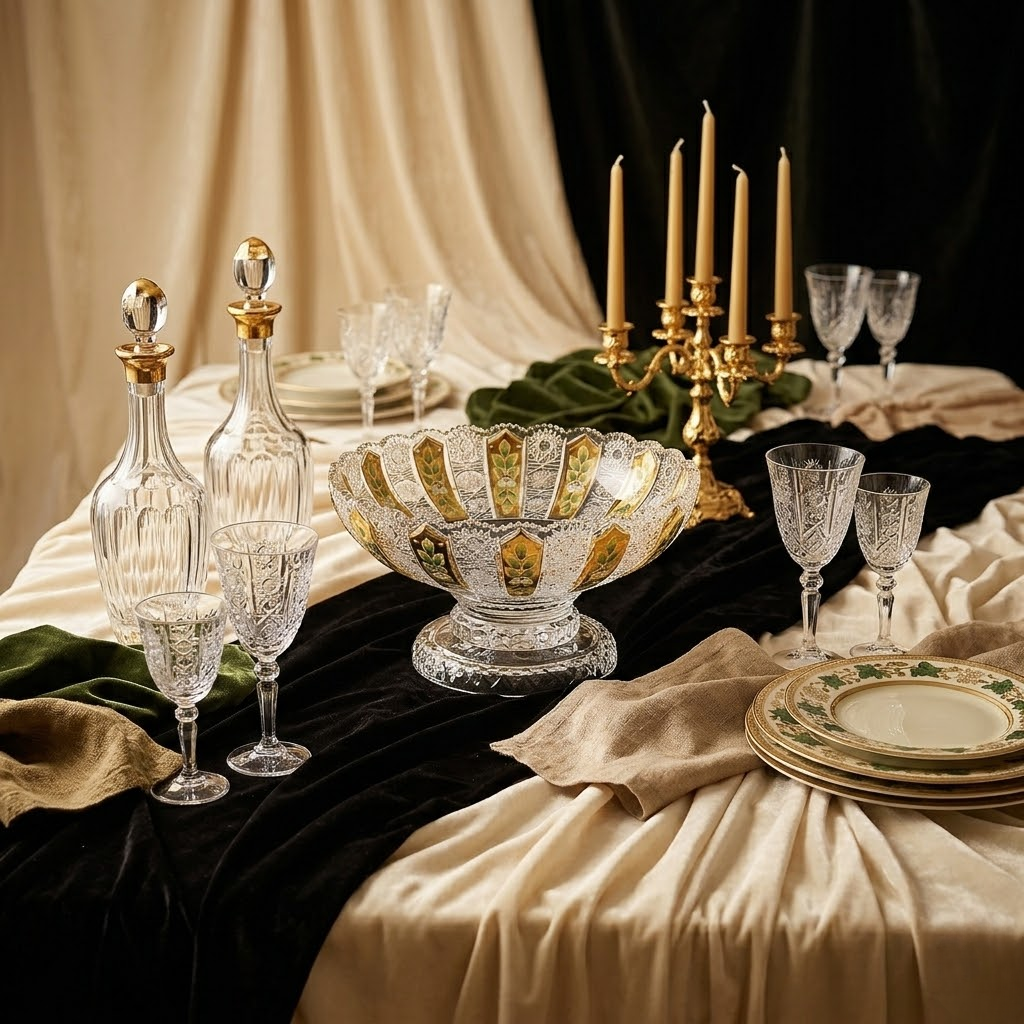 Mẫu đĩa pha lê màu Arnstadt sang trọng đựng hoa quả trên bàn tiệc